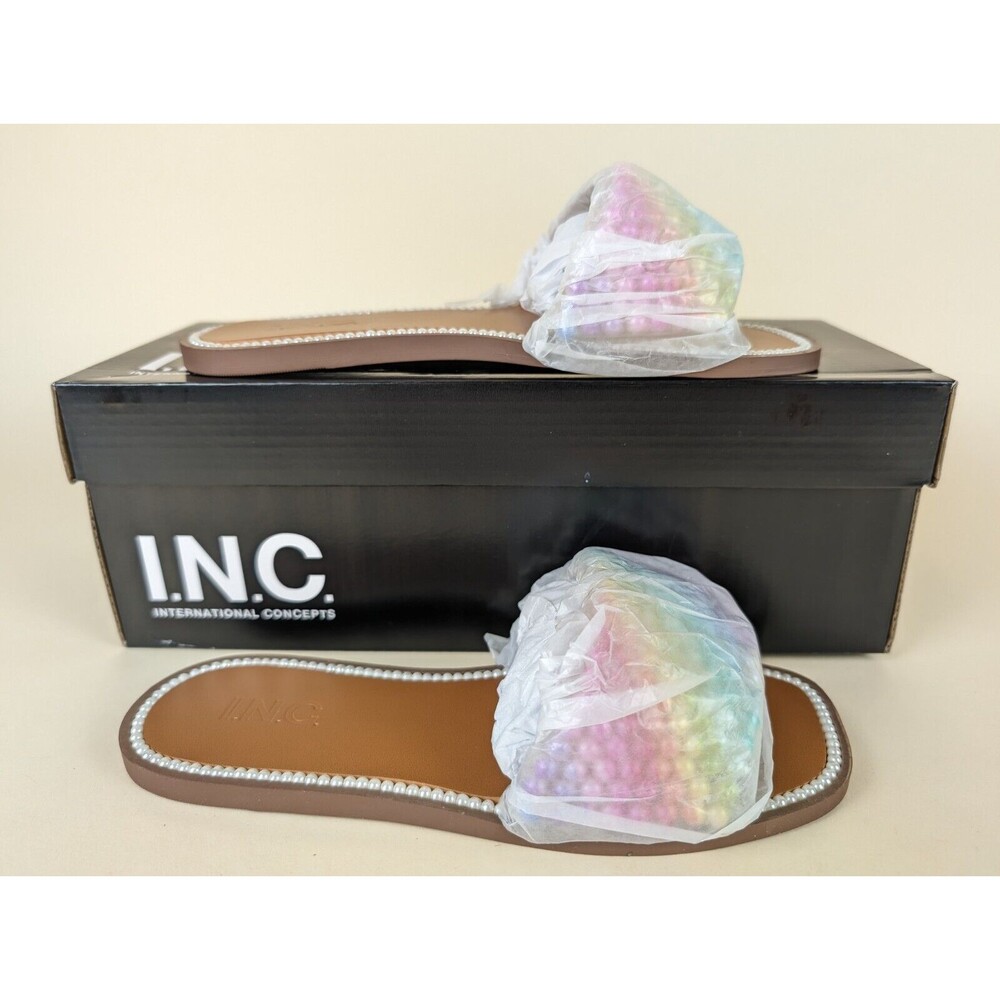 INC Pelle Slide Flats Sandals Womens 5 M Rainbow Pearl Open Toe Shoes NWB